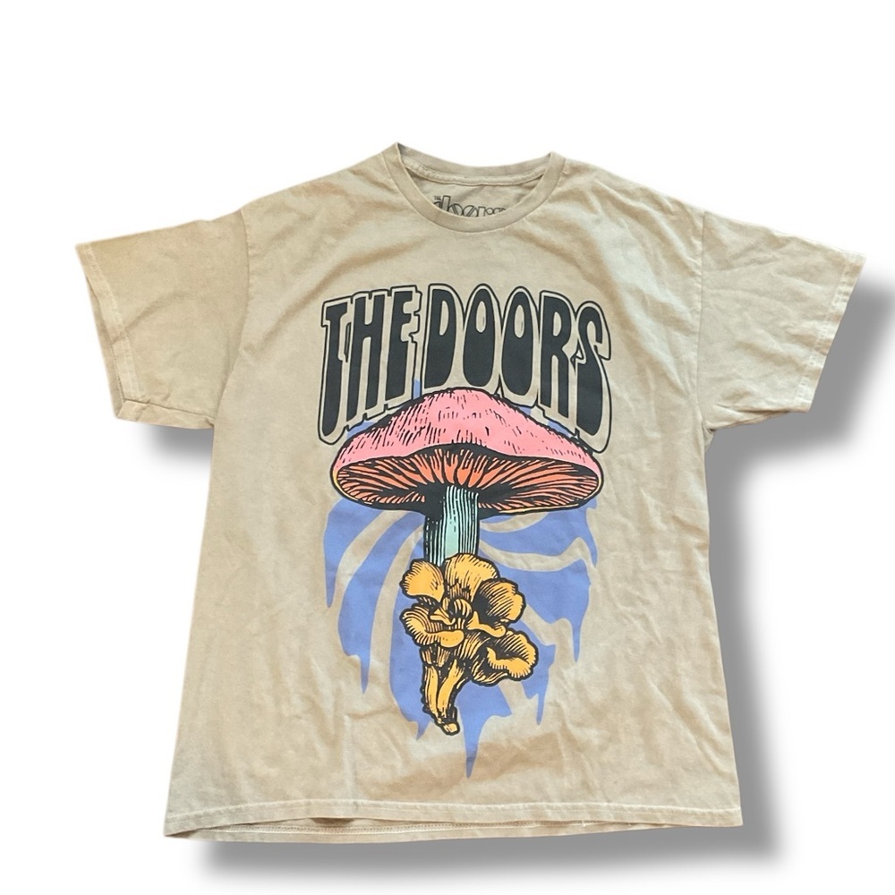 The Doors Vintage Green Washed Out Mushroom Crewneck Short Sleeve Bank Tee